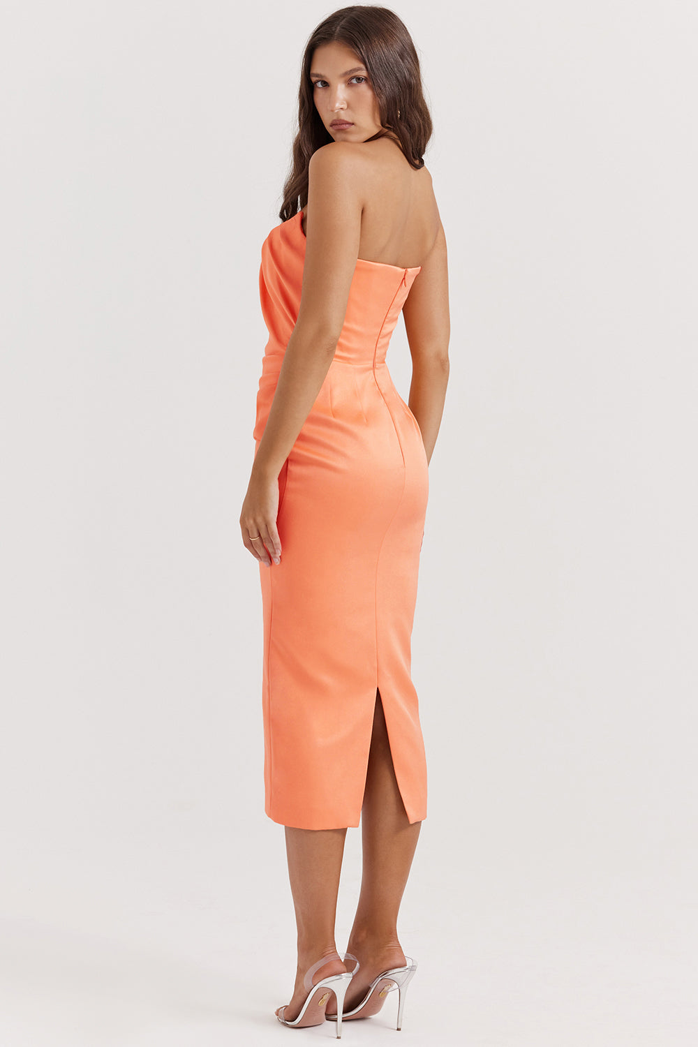 Tangerine strapless corset midi dress