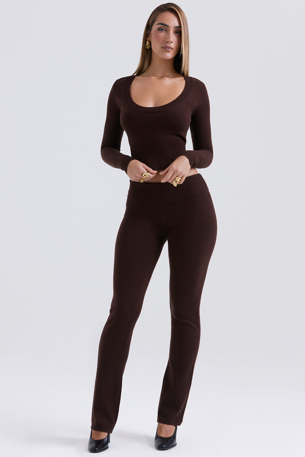 Round neck top and trousers in chocolate cashmere blend