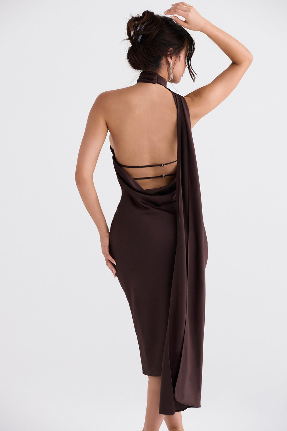 Midi dress with chocolate-colored wrap neck