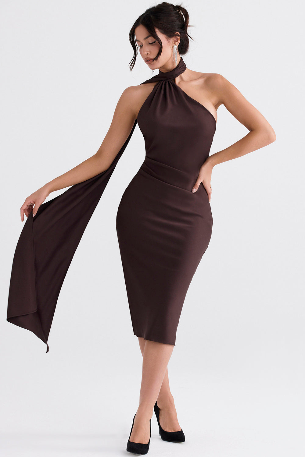 Midi dress with chocolate-colored wrap neck