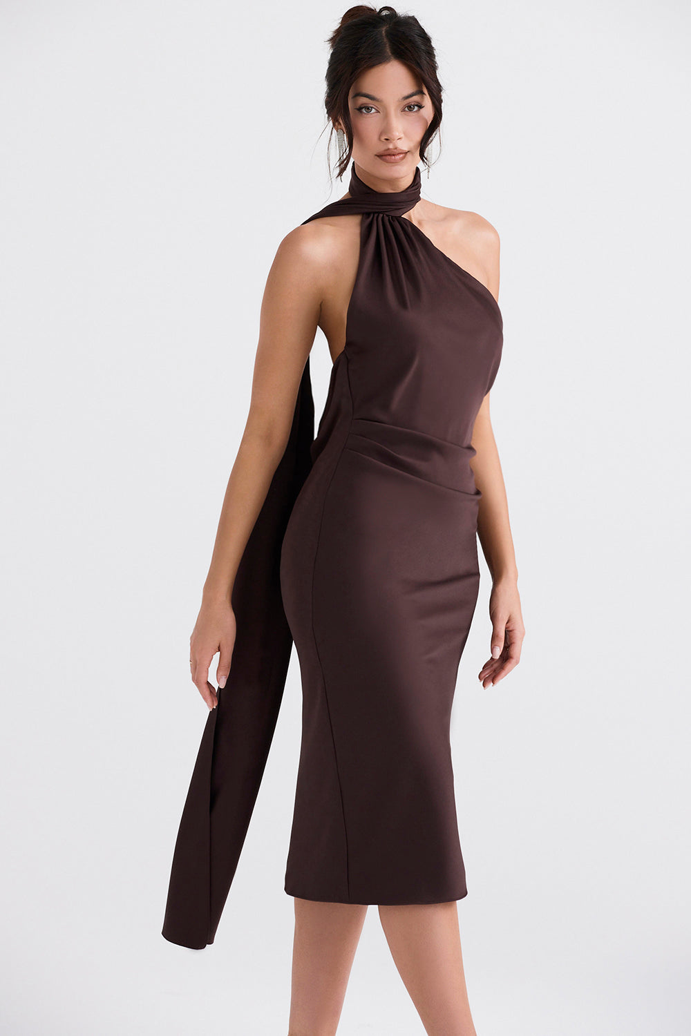 Midi dress with chocolate-colored wrap neck