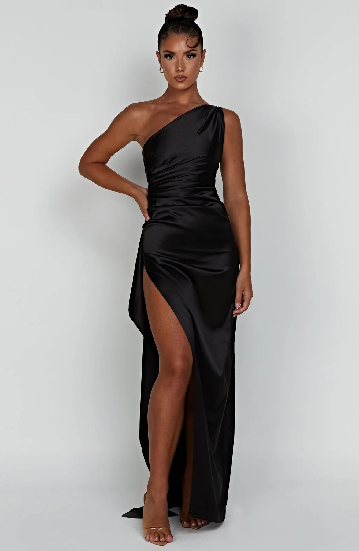 One shoulder Pleated Split Satin Dress