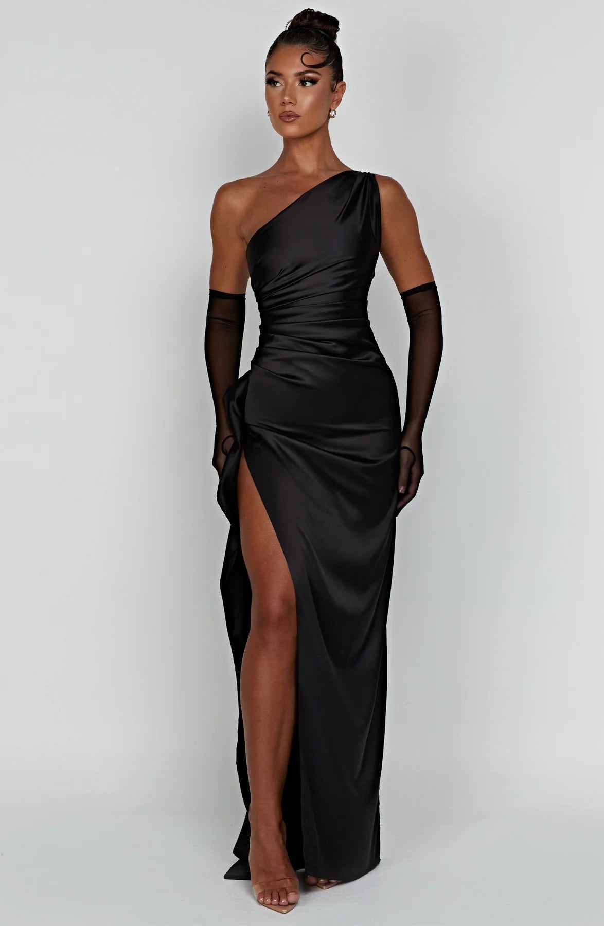 One shoulder Pleated Split Satin Dress