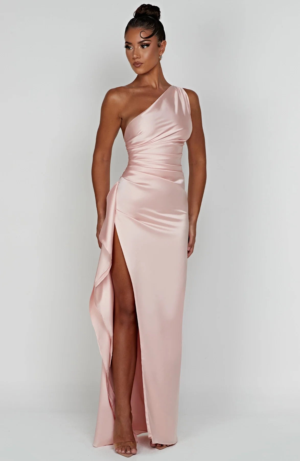 One shoulder Pleated Split Satin Dress