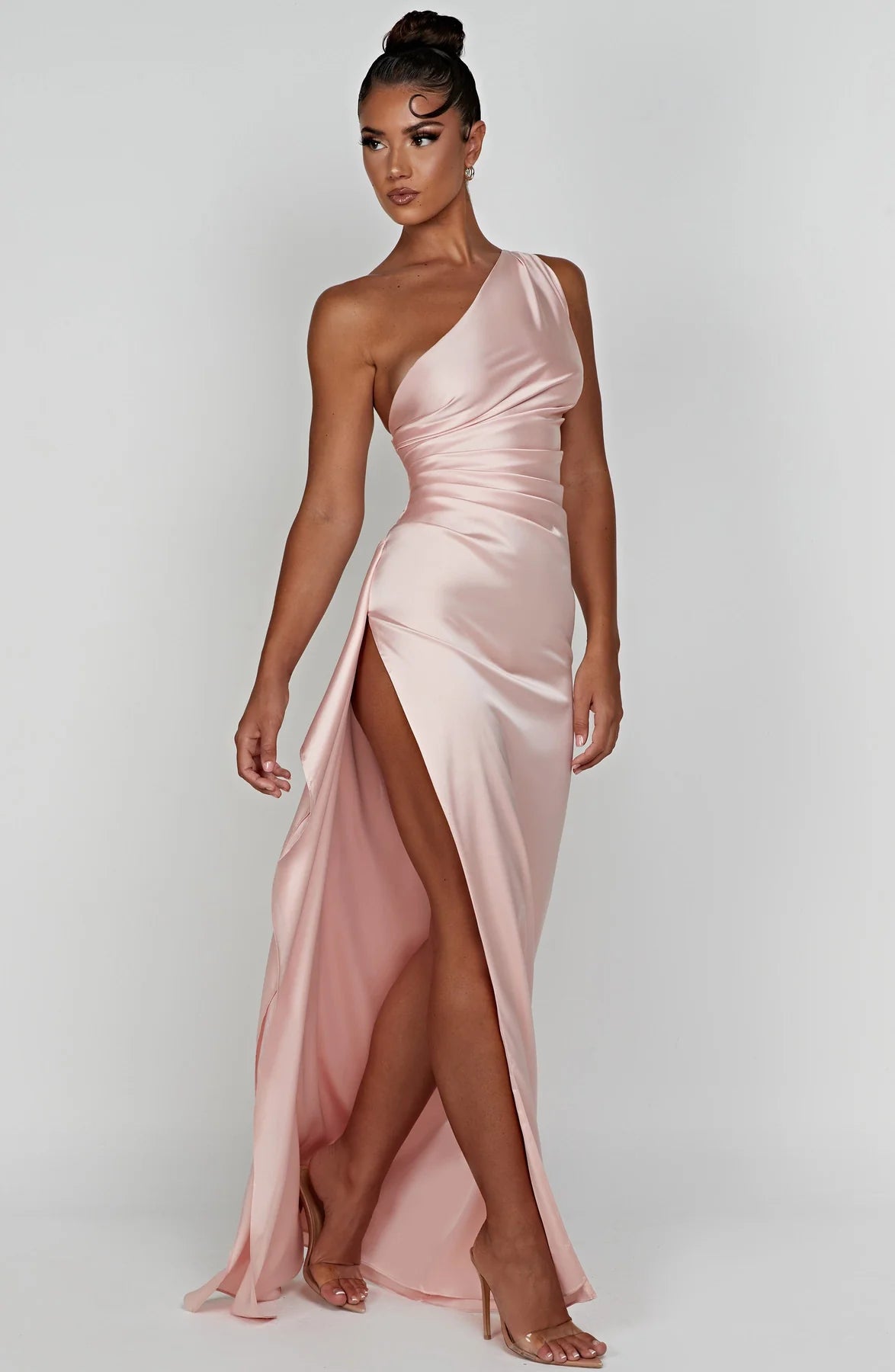 One shoulder Pleated Split Satin Dress