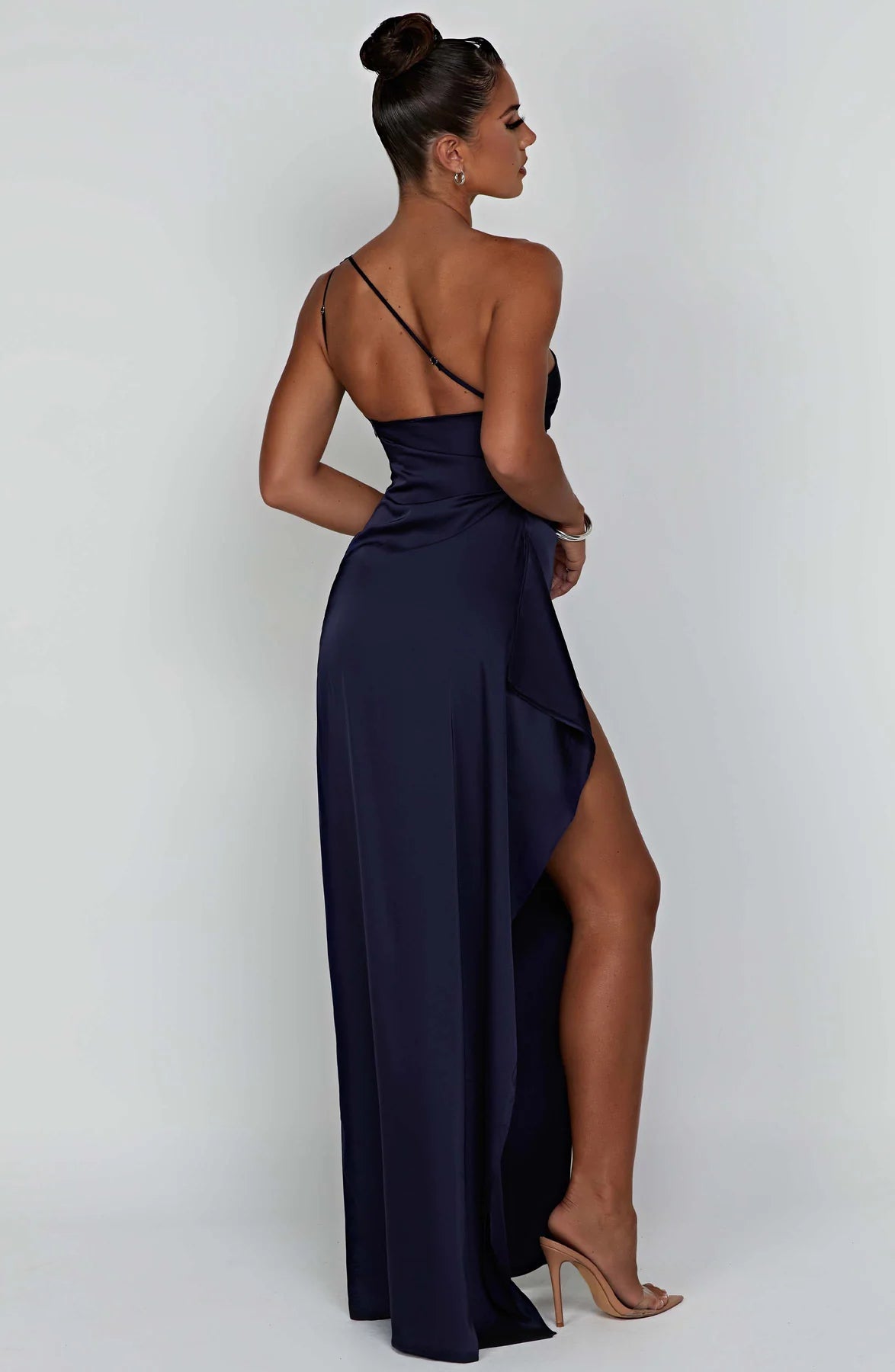 One shoulder Pleated Split Satin Dress