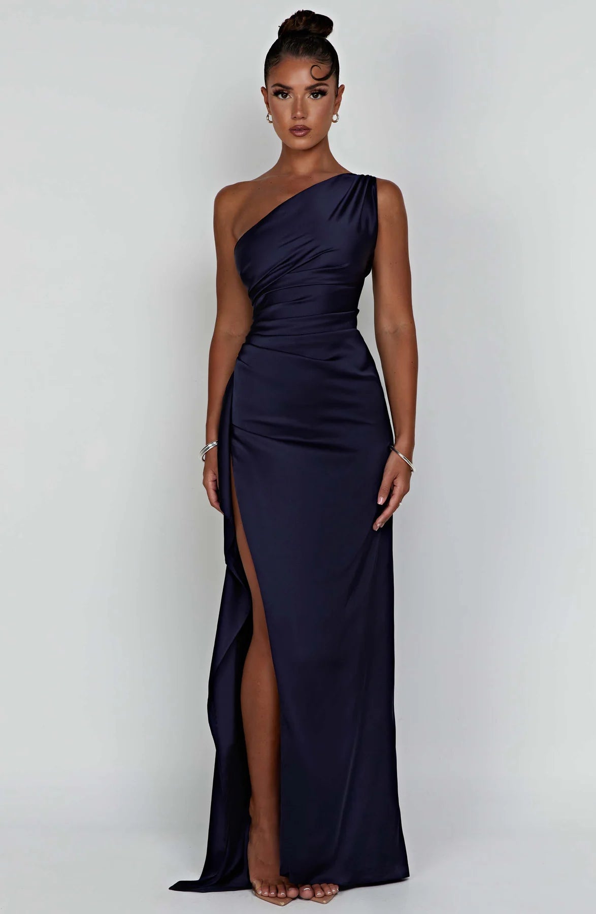 One shoulder Pleated Split Satin Dress