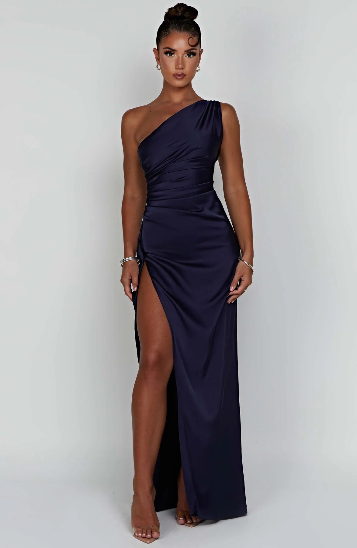 One shoulder Pleated Split Satin Dress