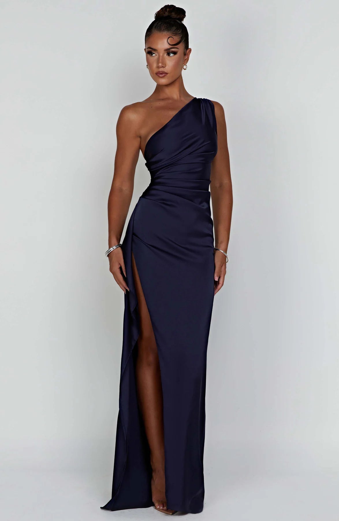 One shoulder Pleated Split Satin Dress