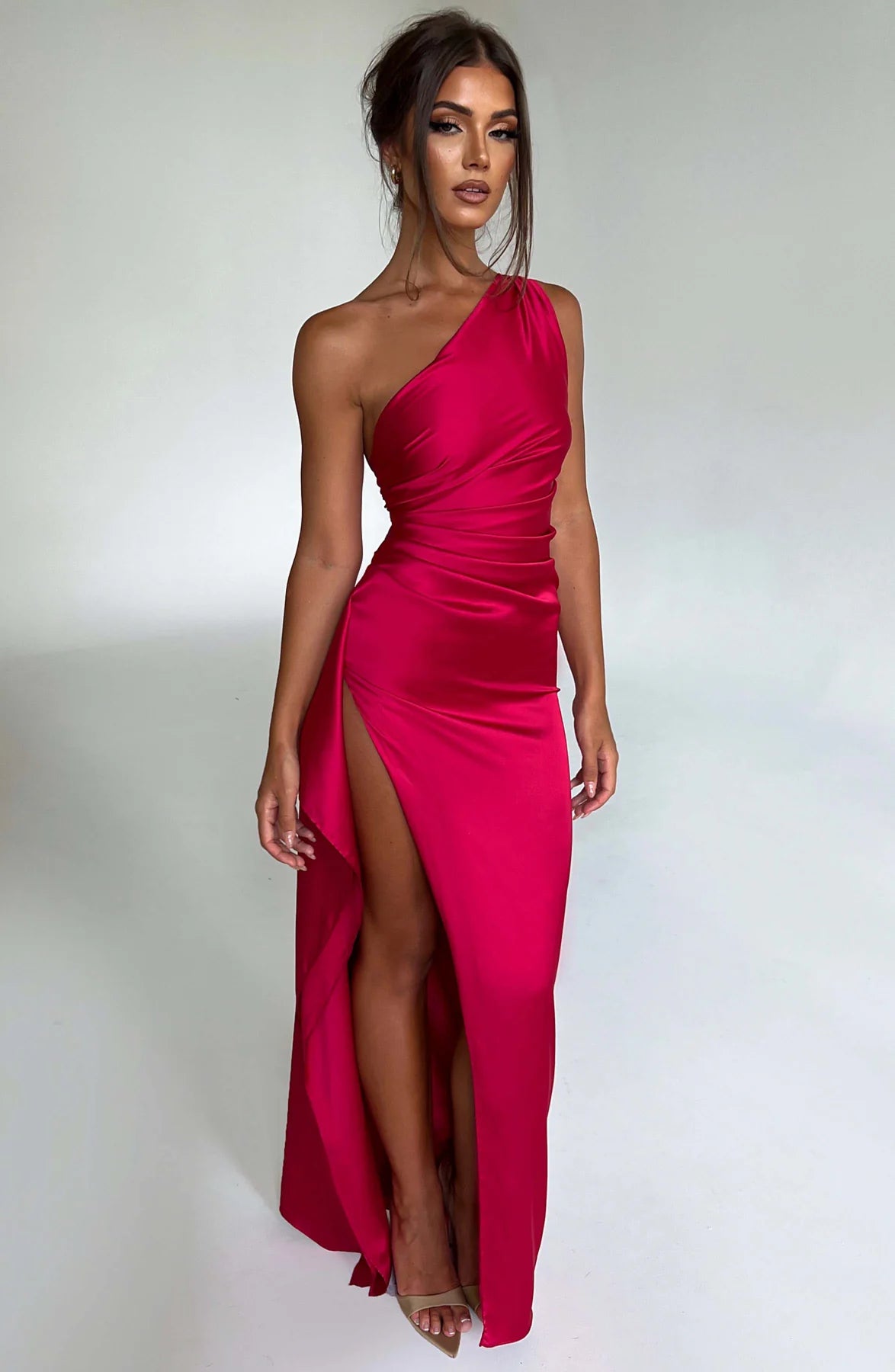 One shoulder Pleated Split Satin Dress