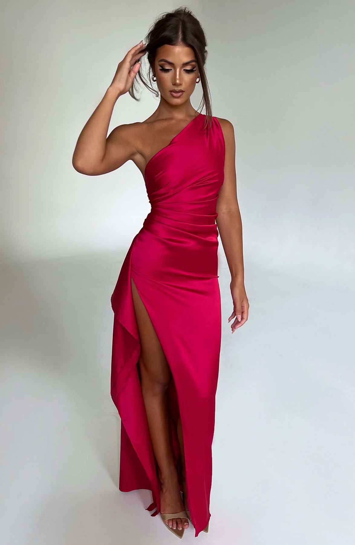 One shoulder Pleated Split Satin Dress