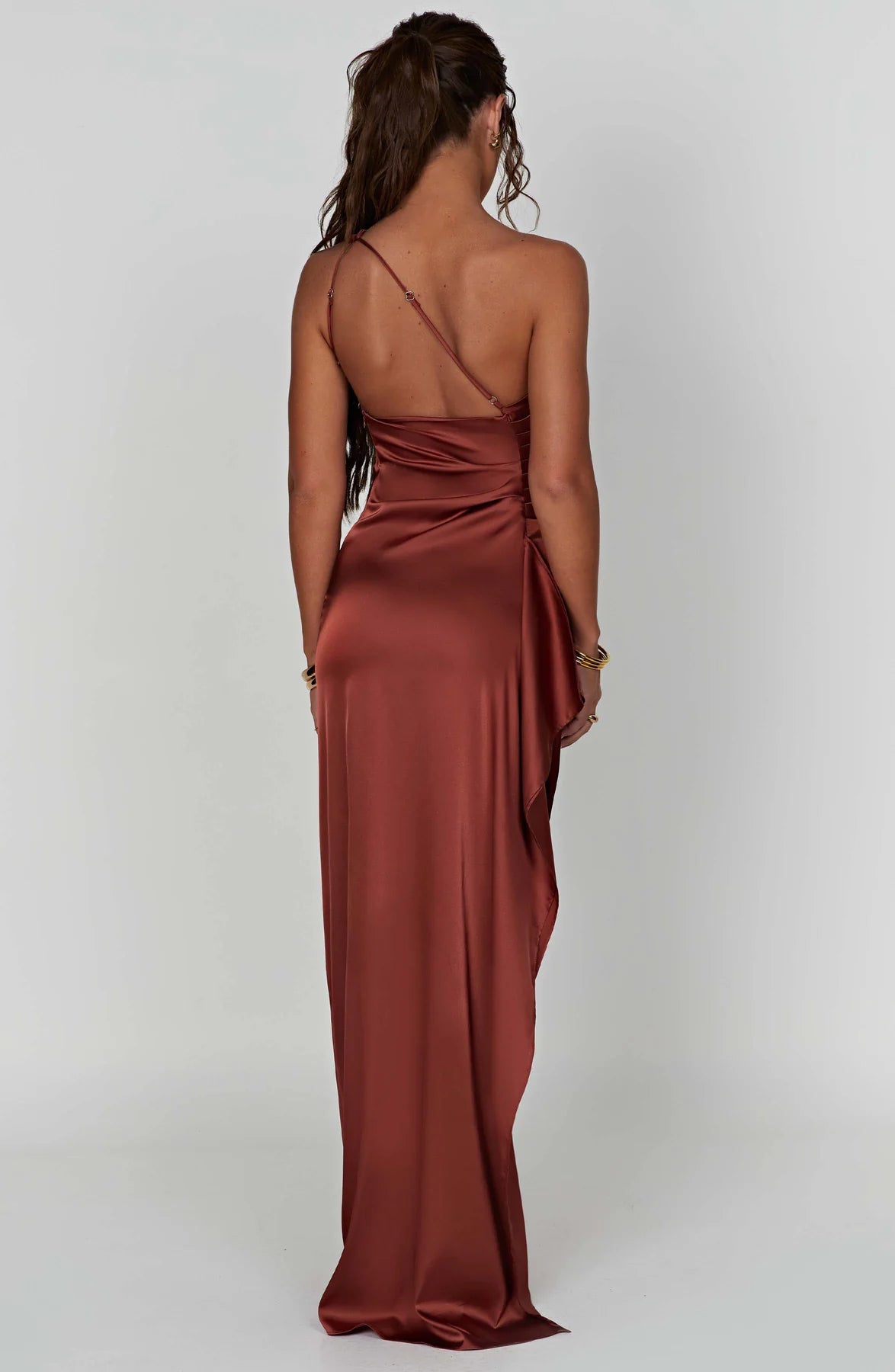 One shoulder Pleated Split Satin Dress