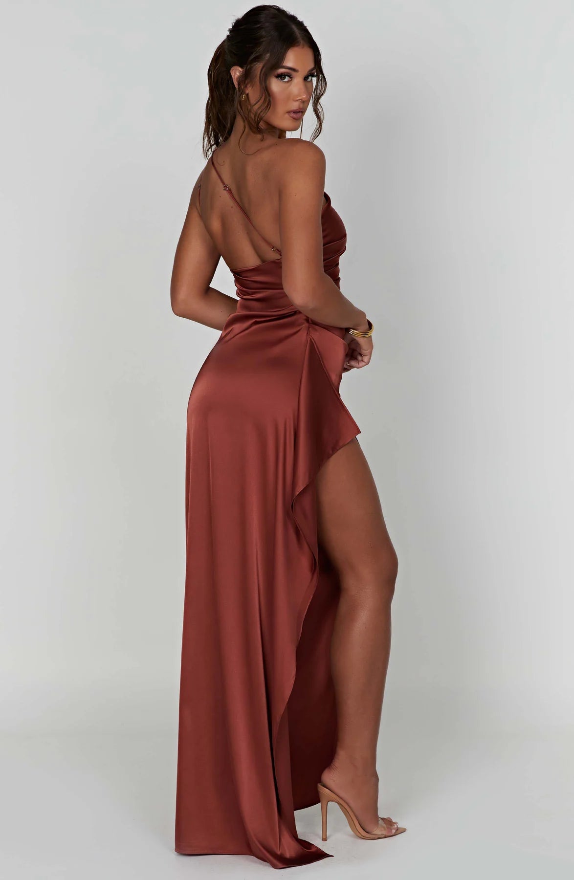 One shoulder Pleated Split Satin Dress