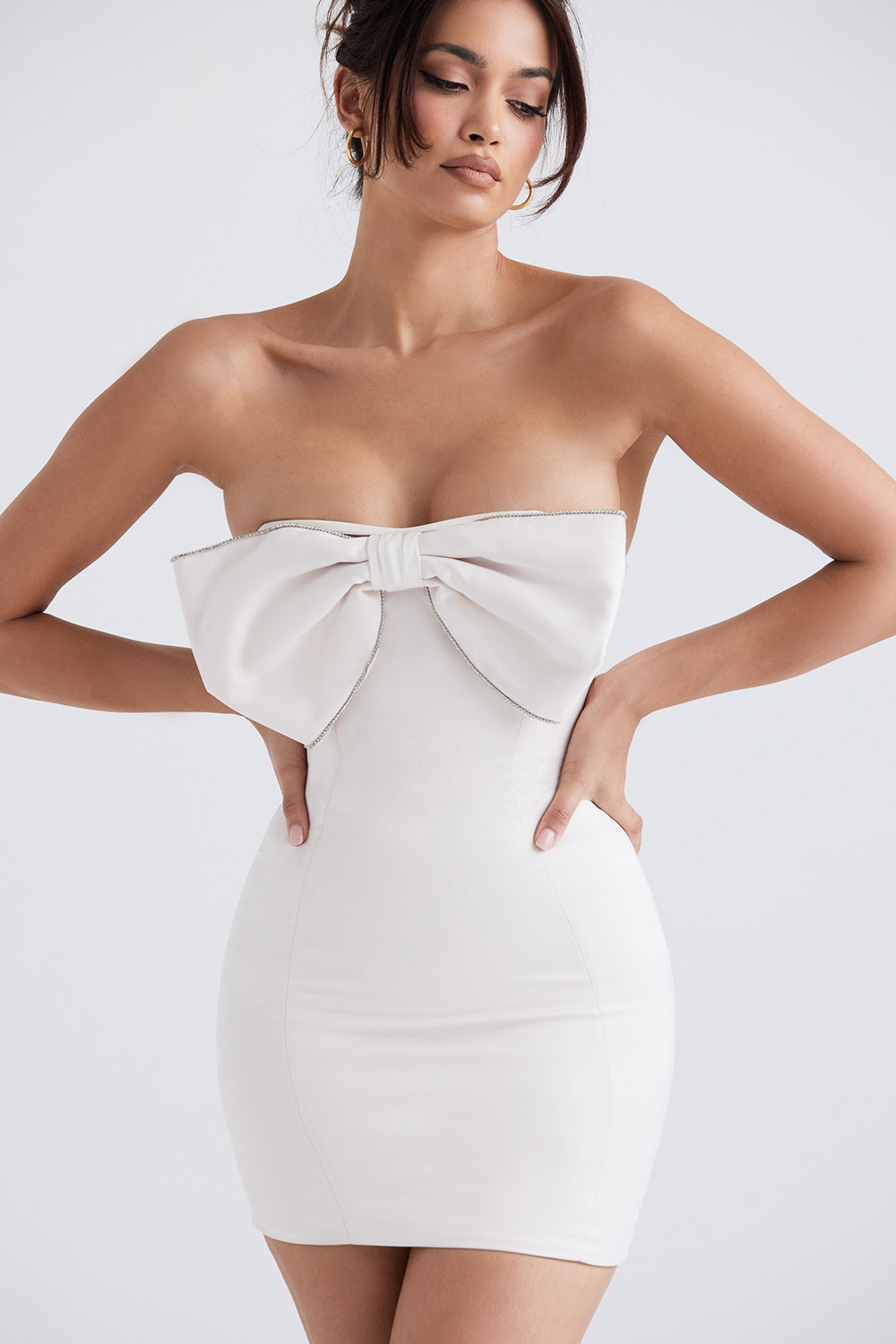 Ivory satin crystal embellished bow dress