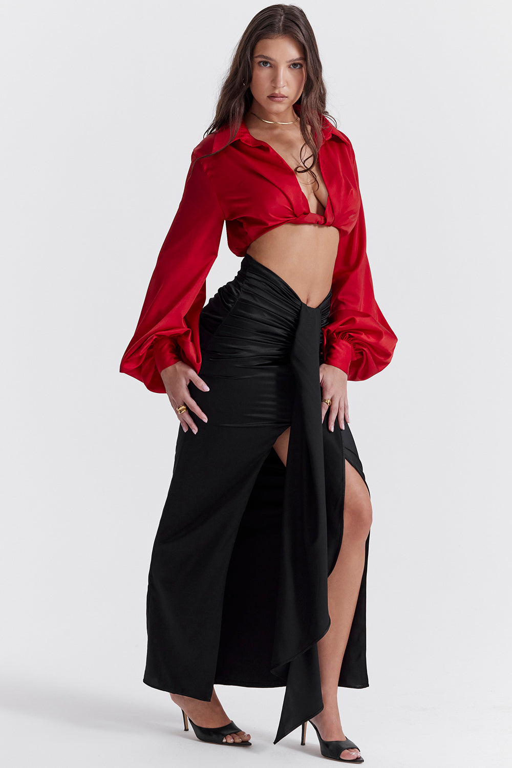 Cherry silk blouson top with draped silk maxi skirt