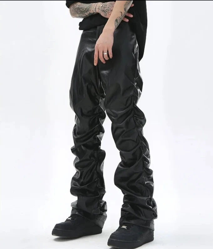 Pleated Pu Leather Loose Black Pants