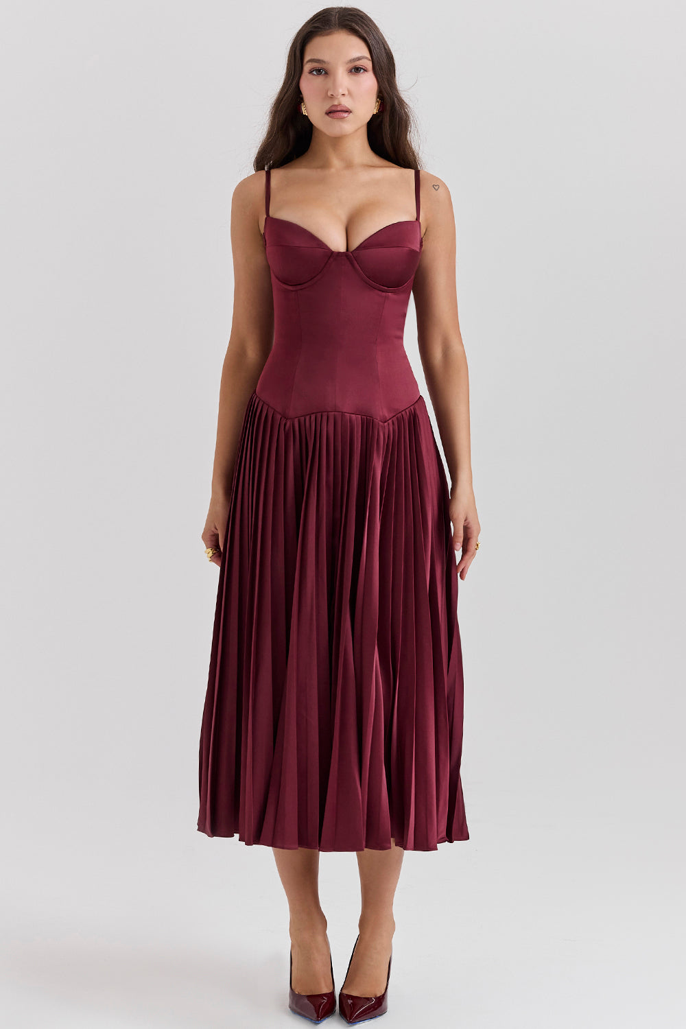 Wine satin pleated midi dress