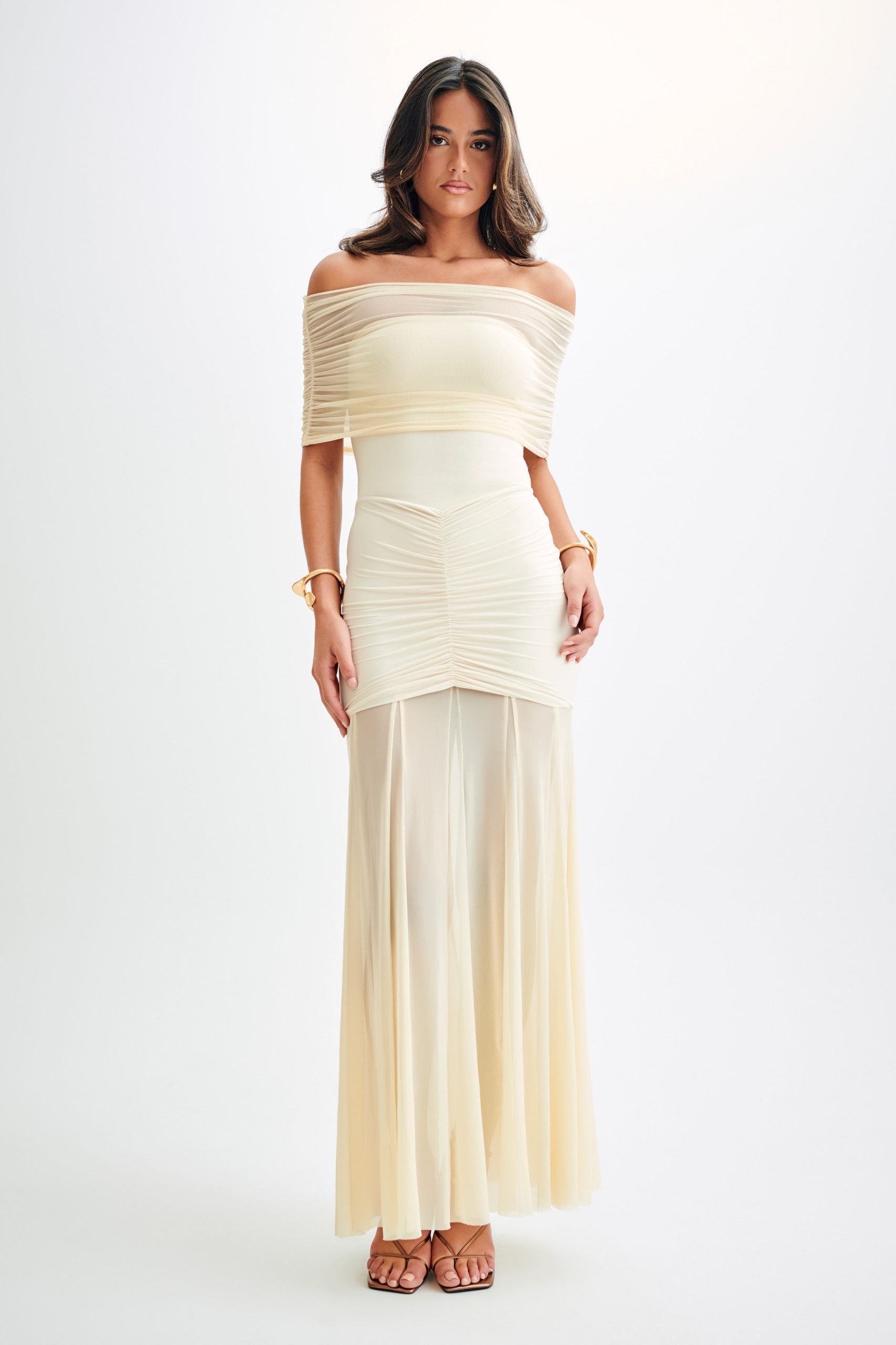 Mesh Off Shoulder Maxi Dress In Beige