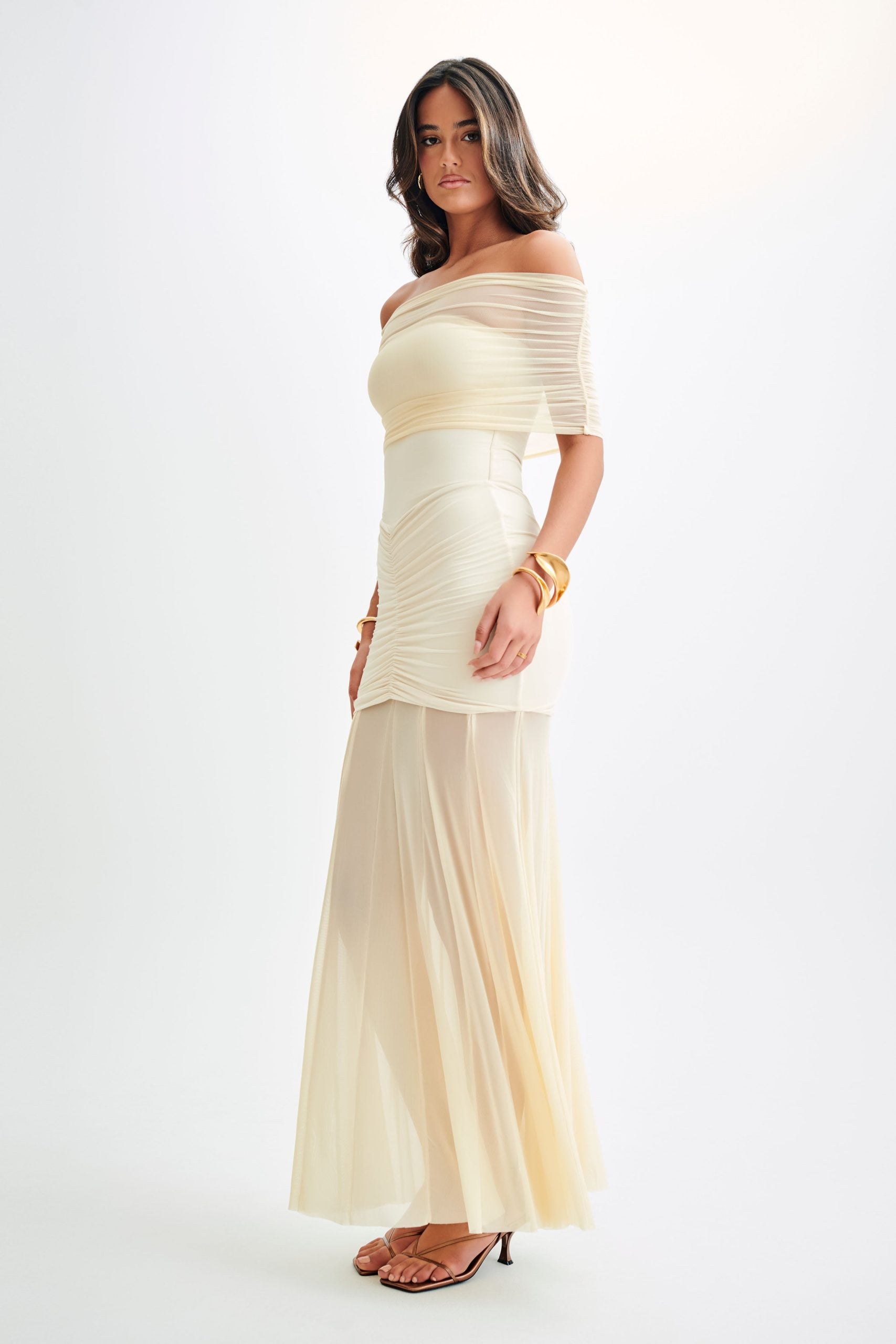 Mesh Off Shoulder Maxi Dress In Beige