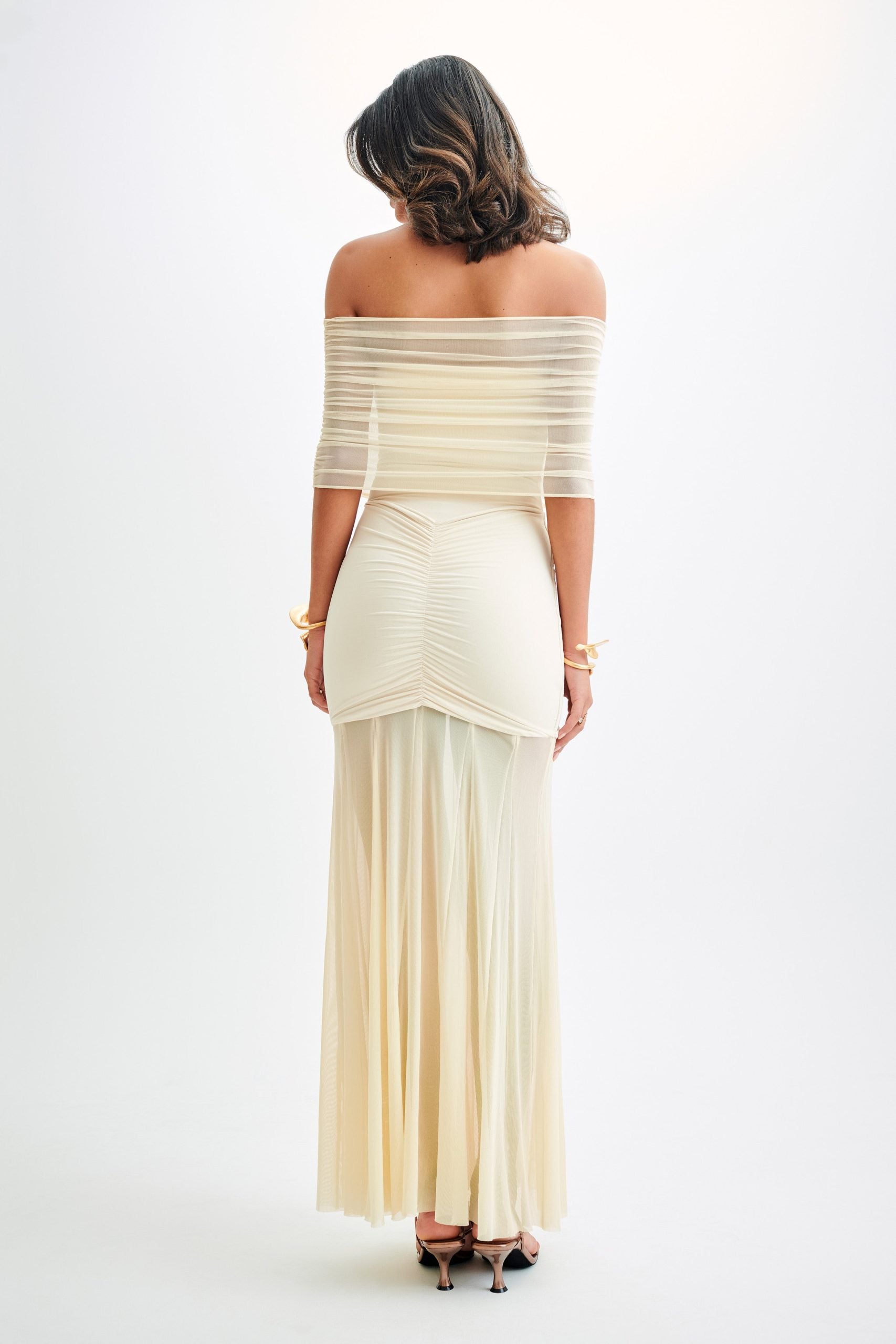 Mesh Off Shoulder Maxi Dress In Beige