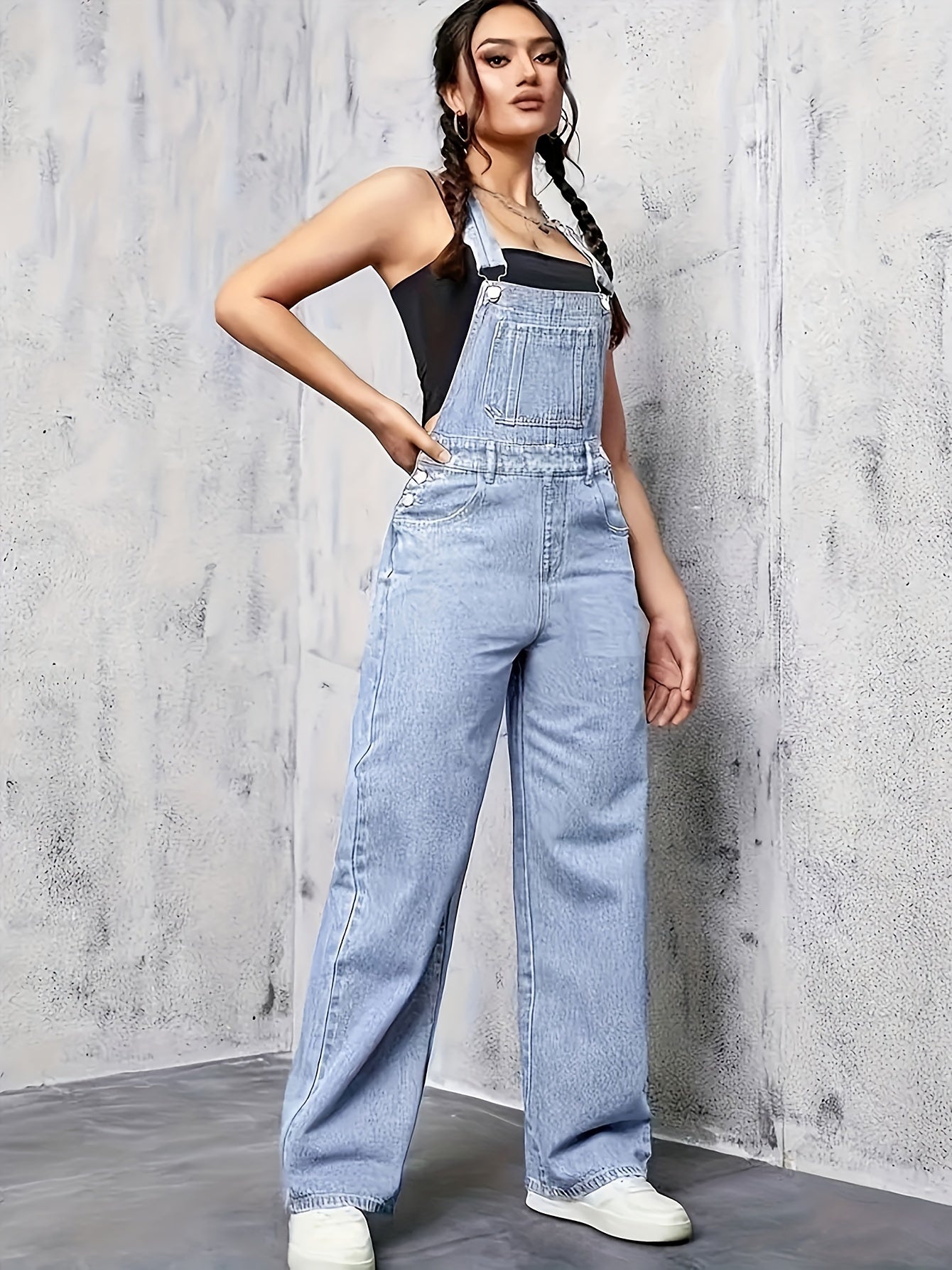 Denim overalls with wide legs