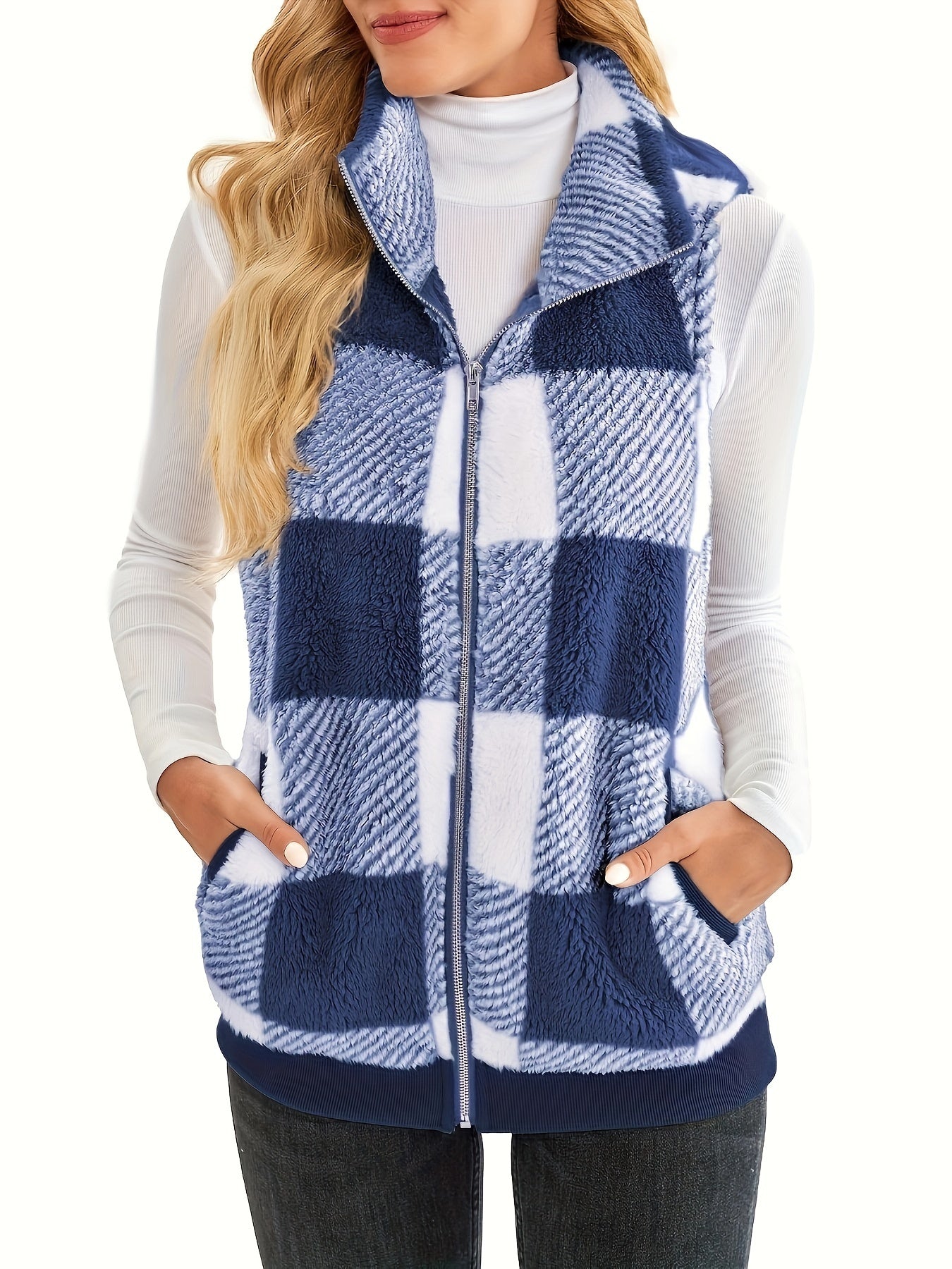 Checked teddy cardigan with stand-up collar