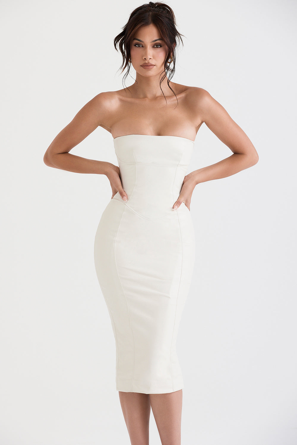 Ivory vegan leather strapless dress