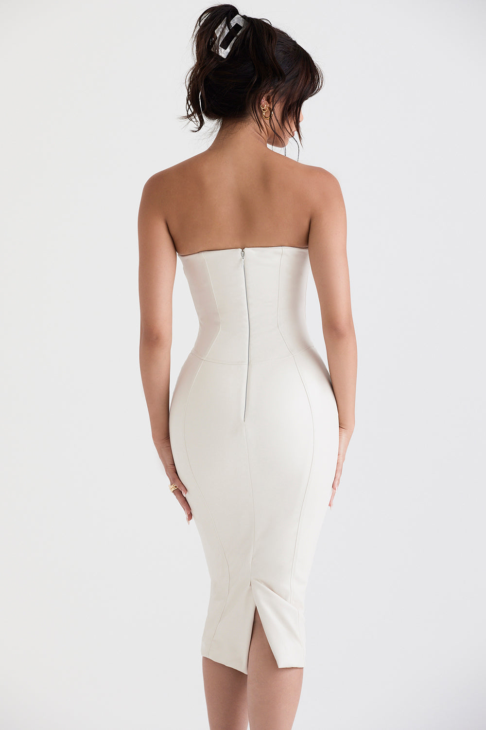 Ivory vegan leather strapless dress