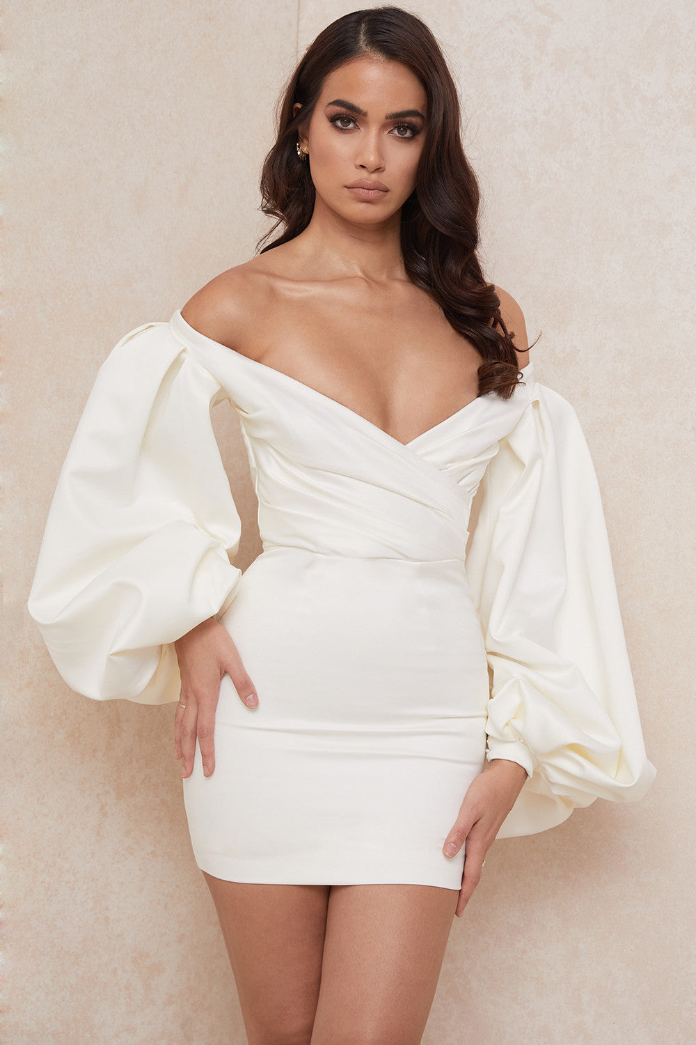 Ivory satin mini dress with balloon sleeves