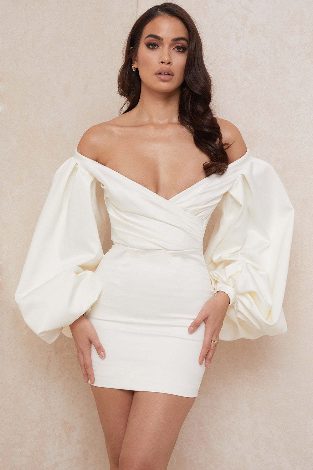 Ivory satin mini dress with balloon sleeves