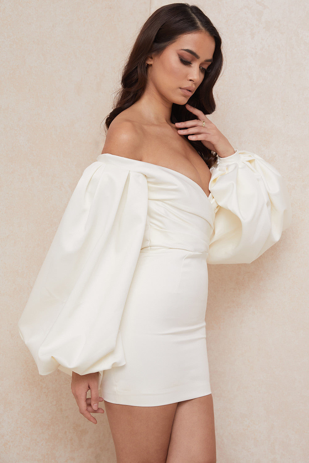 Ivory satin mini dress with balloon sleeves