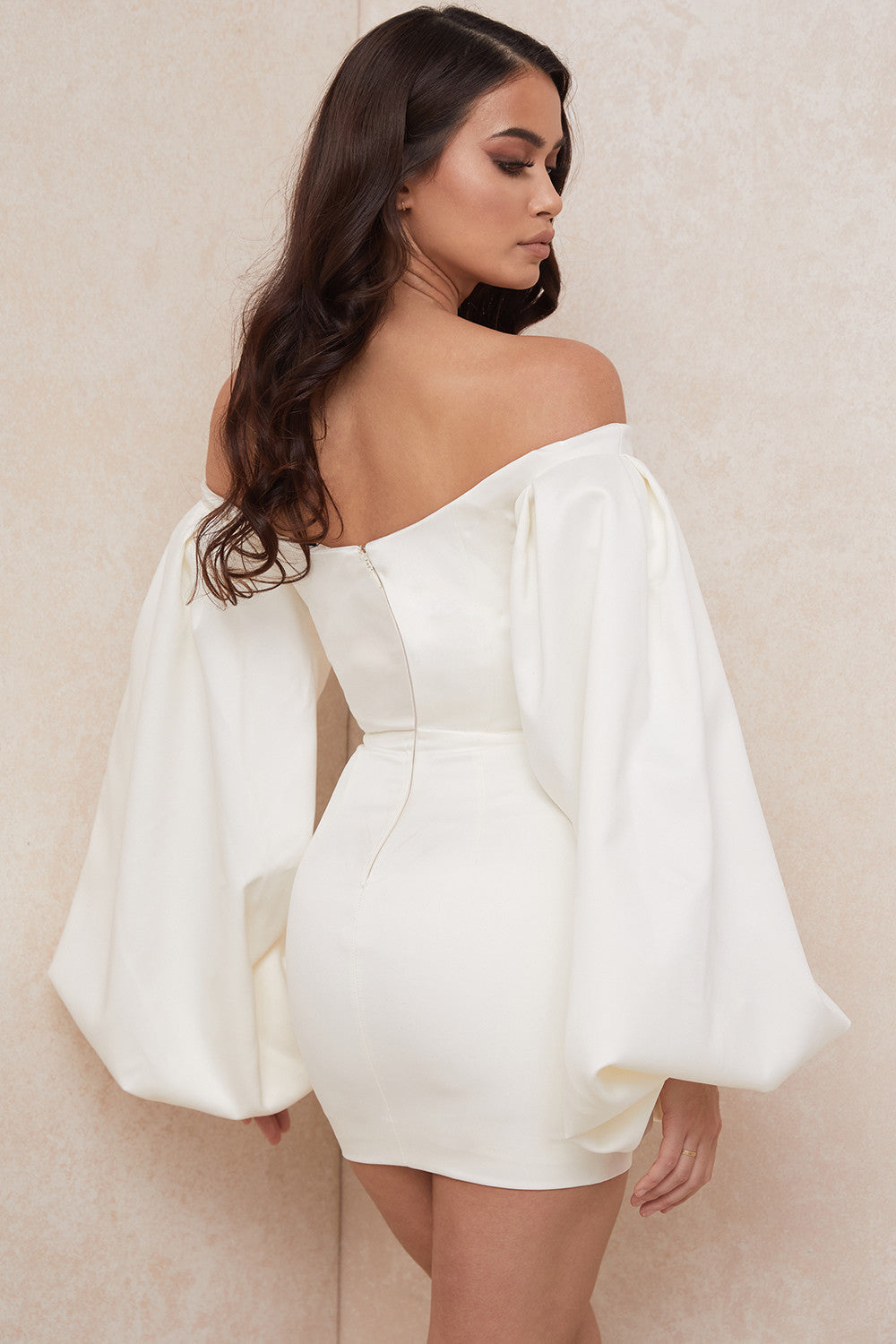 Ivory satin mini dress with balloon sleeves