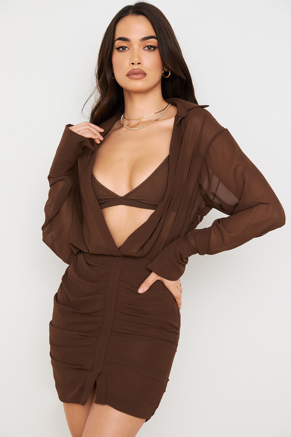 Chocolate chiffon shirt dress and bralette