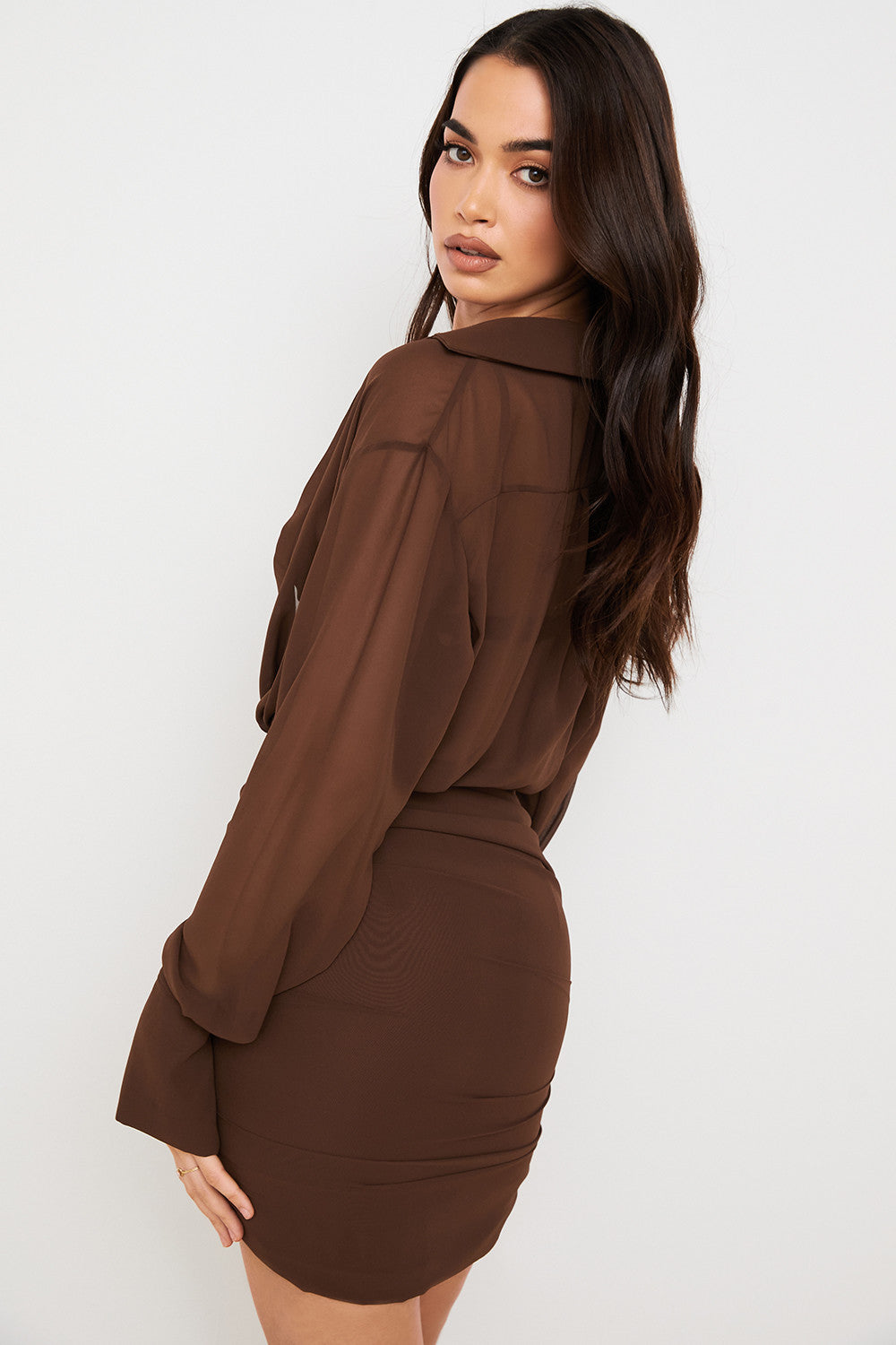 Chocolate chiffon shirt dress and bralette