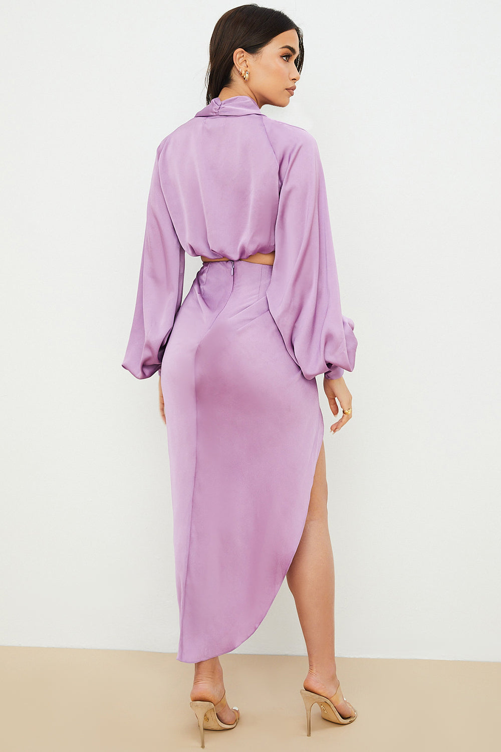 Deep-cut blouson top in silky satin with draped skirt