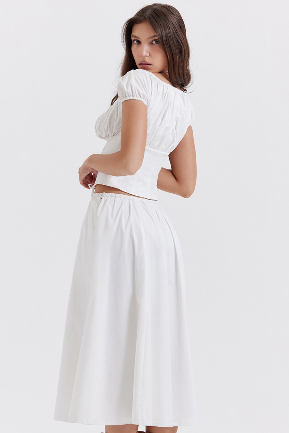 White top with ruffles and midi skirt