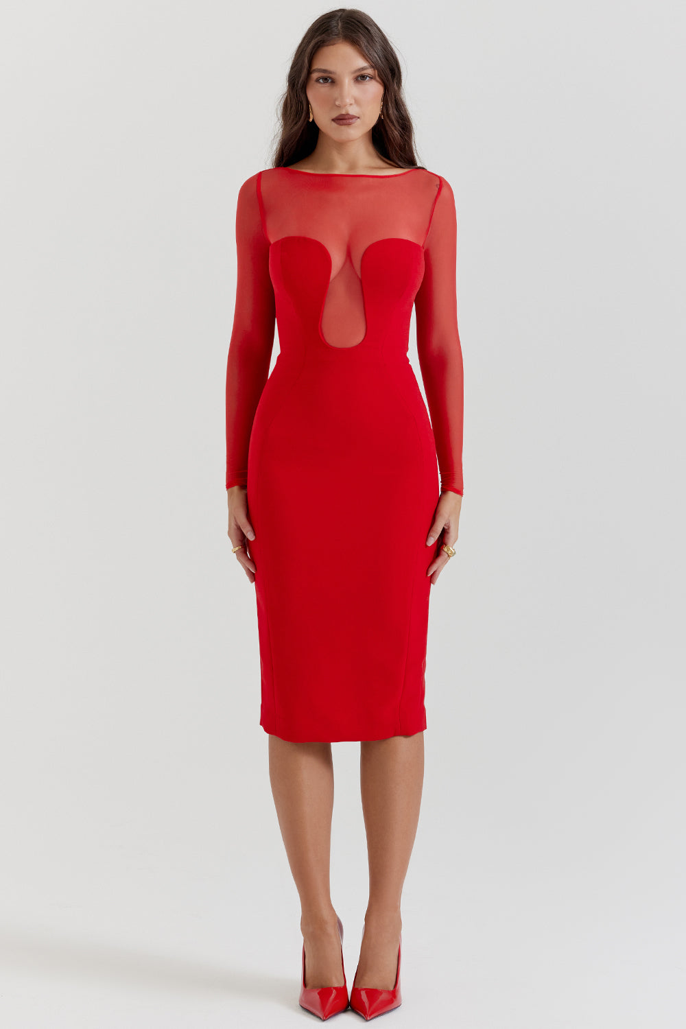 Scarlet red deep cut midi dress