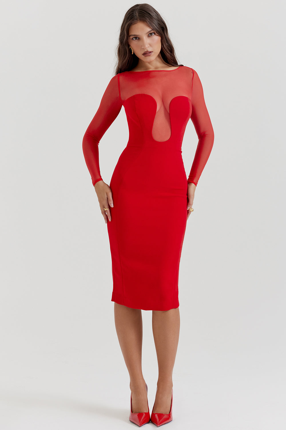 Scarlet red deep cut midi dress