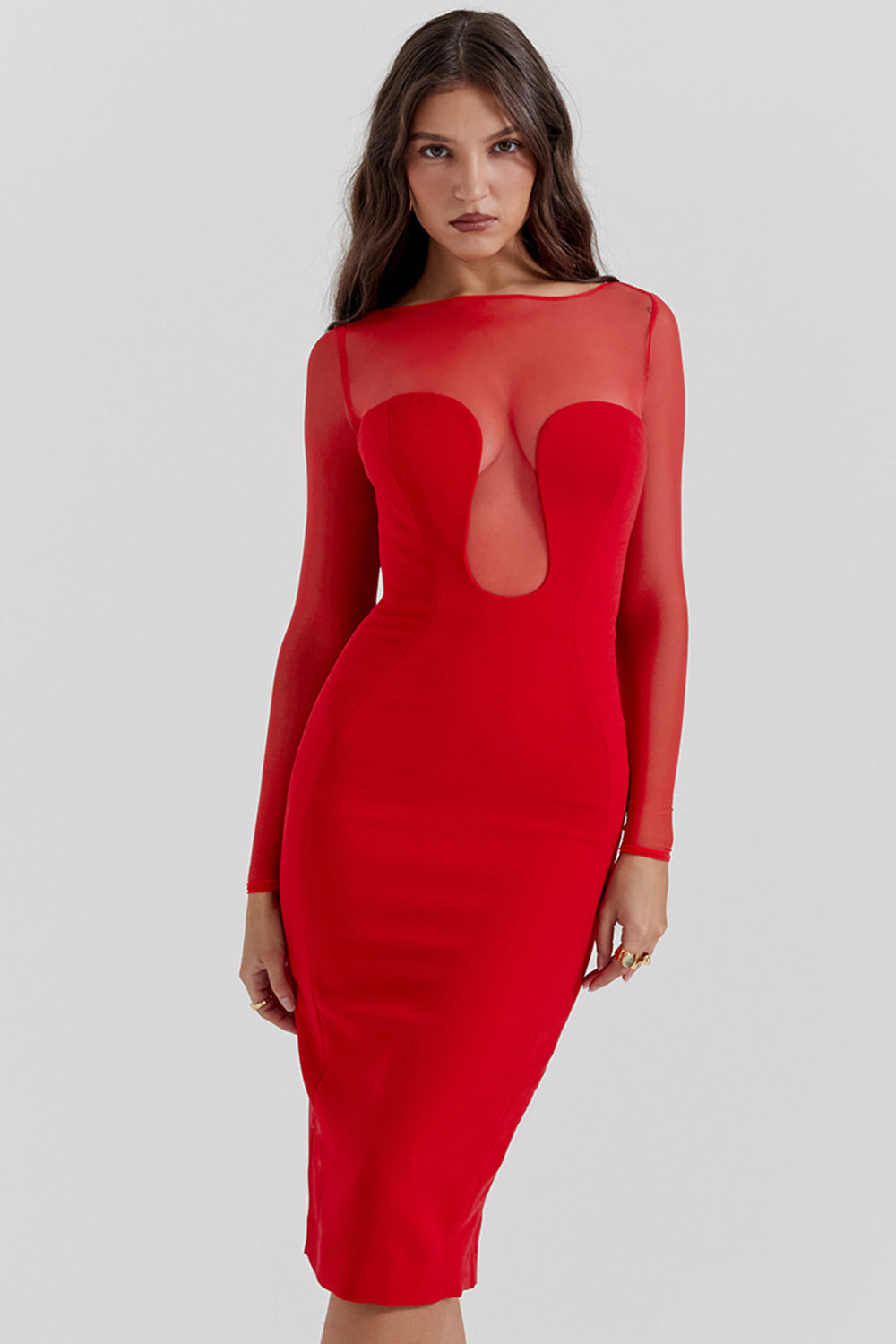 Deep red plunge Midi dress