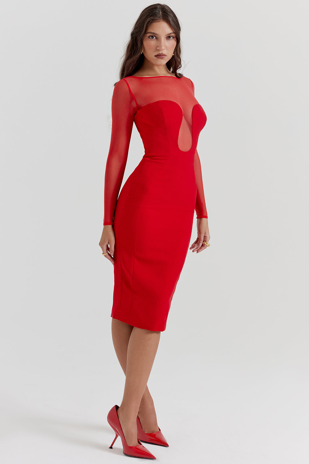 Scarlet red deep cut midi dress