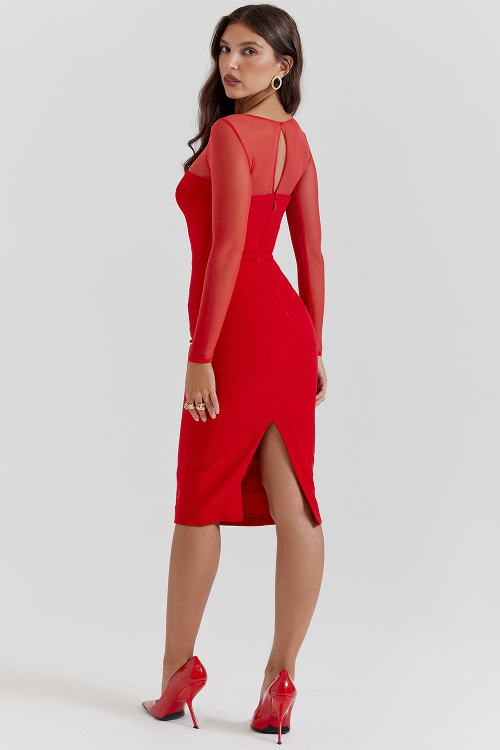 Deep red plunge Midi dress