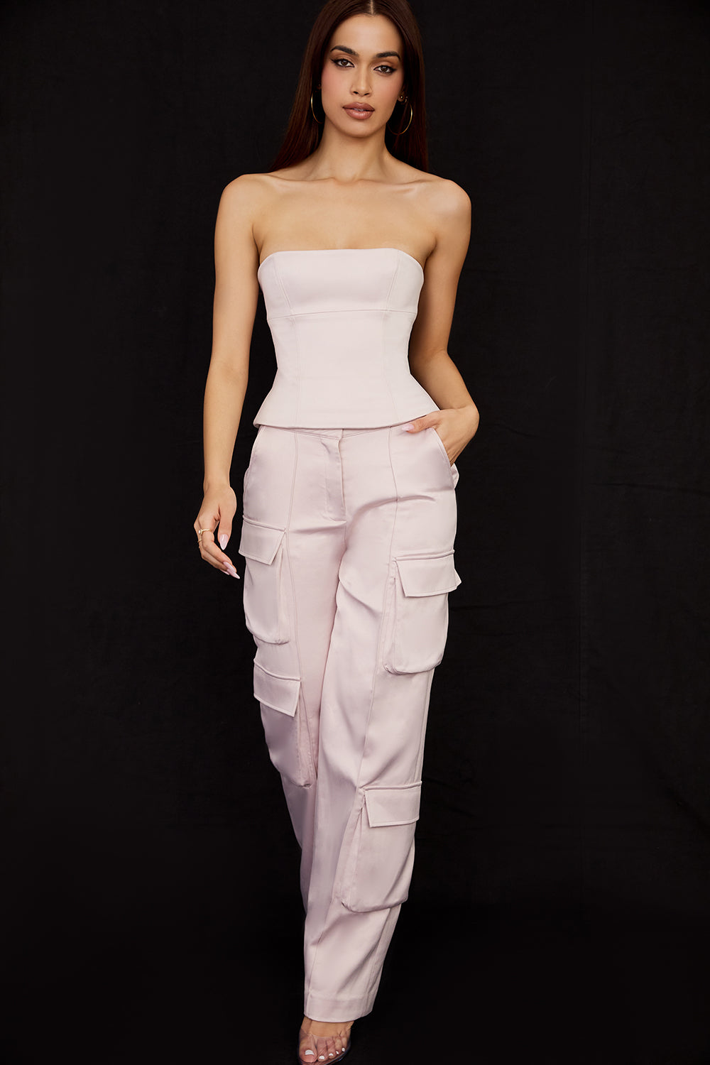 Crystal satin strapless straight leg corset cargo pants