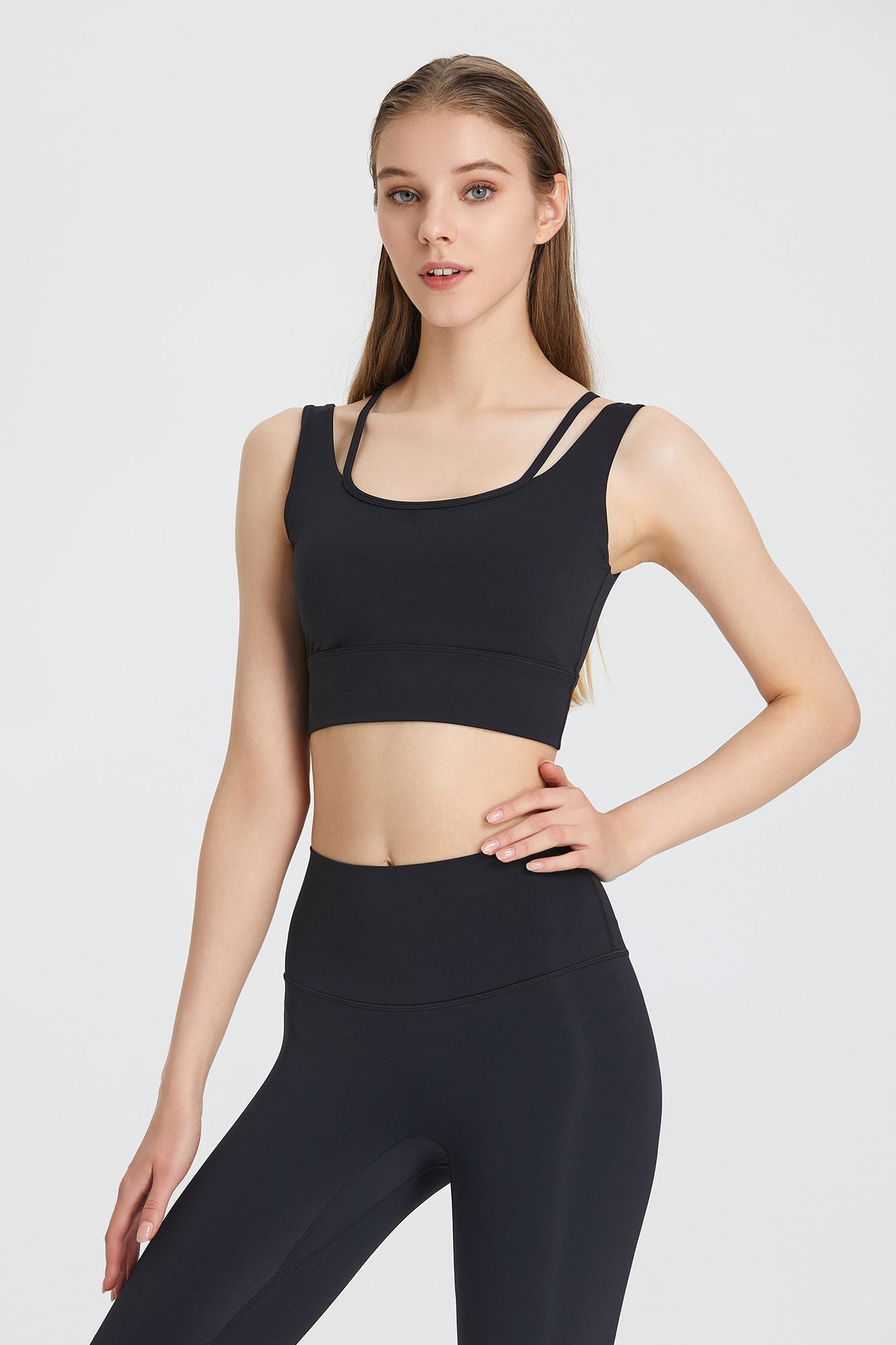 Sports bra with a deep V-neck and open back