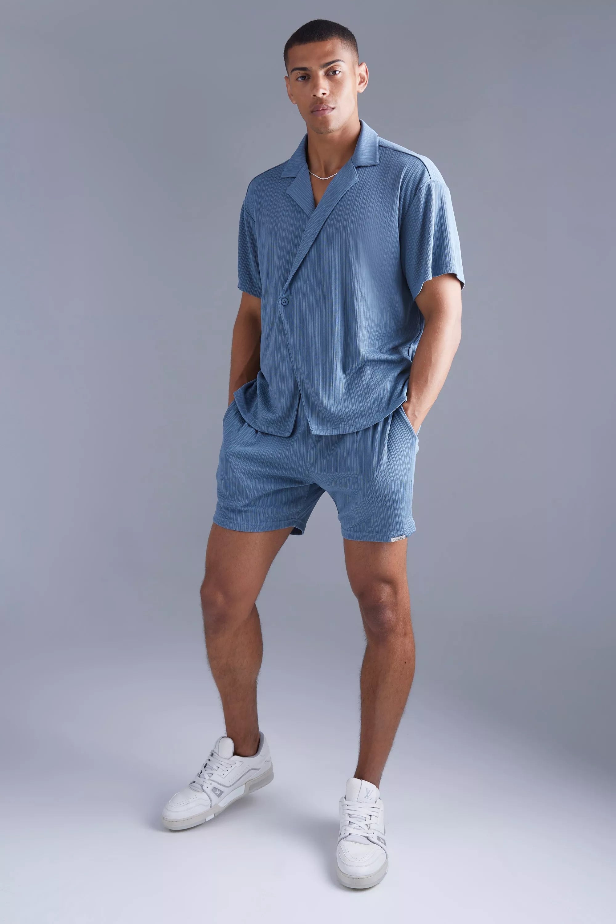 Textured blue T-shirt and shorts set