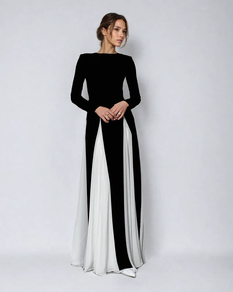 Contrast Long Sleeve Maxi Dress In Black And White