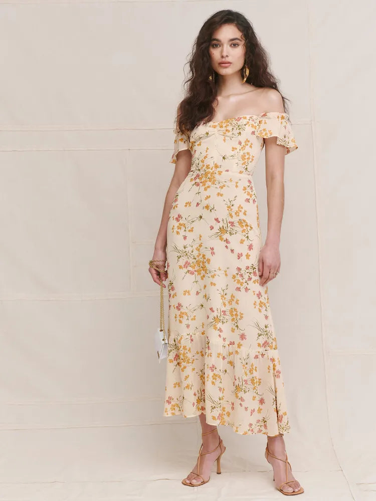 Off Shoulder Floral Midi Dress In Yellow