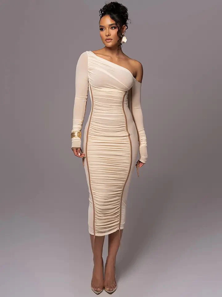 Bodycon Mesh Detail Maxi Dress In Beige