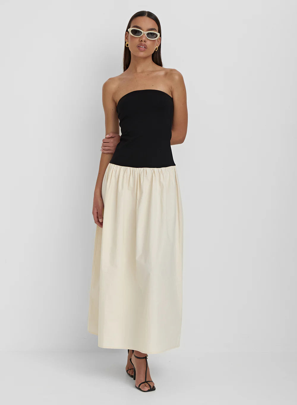 Bandeau High Waist Maxi Dress In Black And Beige