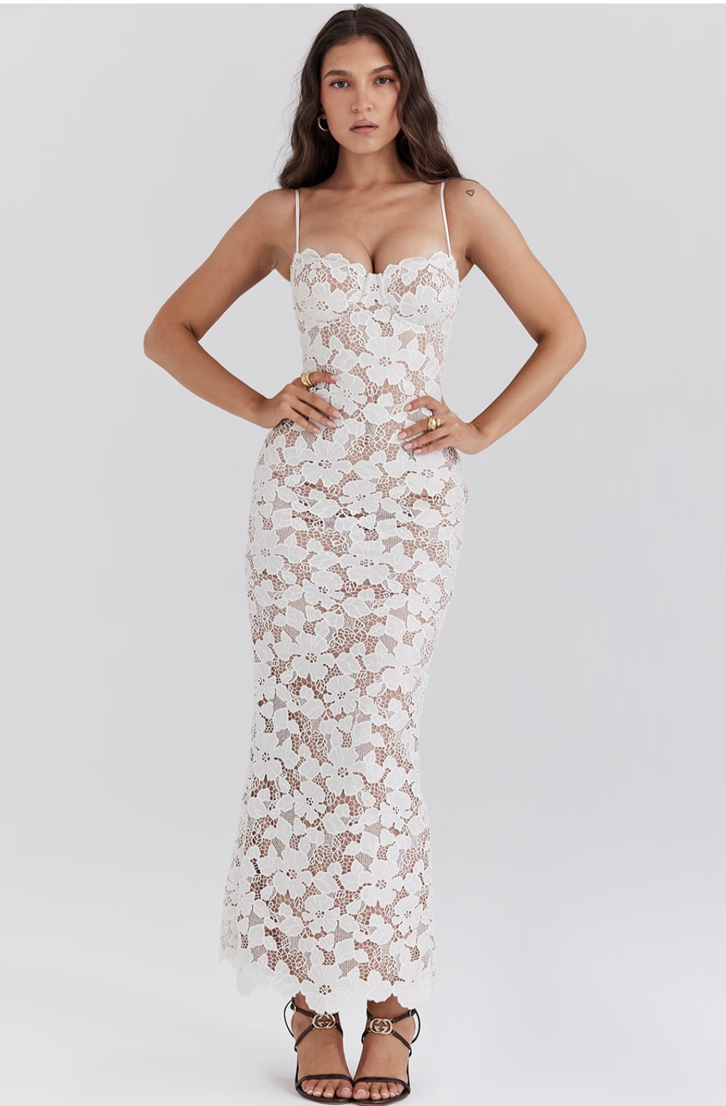 Lace Floral Maxi Dress In White