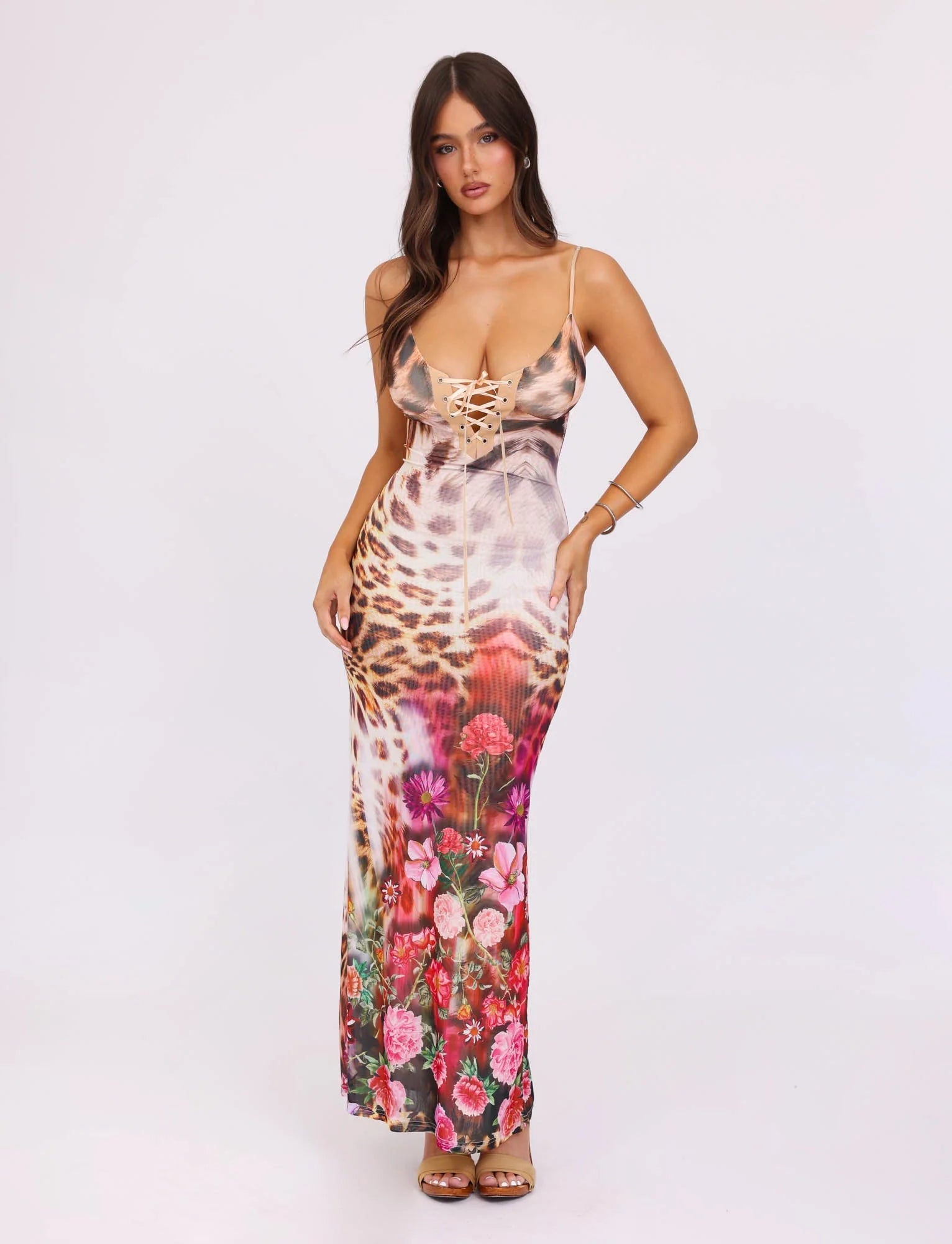 Floral Leopard Print Maxi Dress With Ribbon Tie